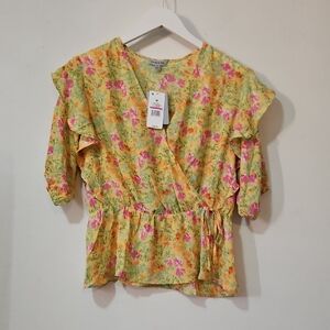 Vibrant Floral Ruffle Blouse - Yellow and Pink
